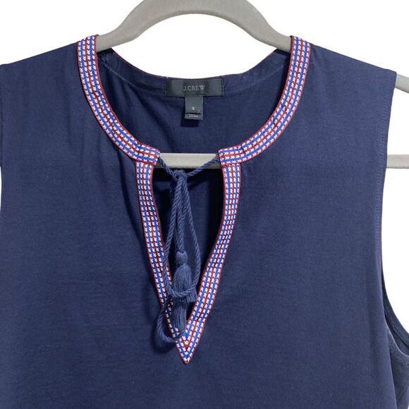 J Crew Womans Blue Sleeveless Embroidered Ribbon Trim Shirt S Boho Preppy - Picture 2 of 9